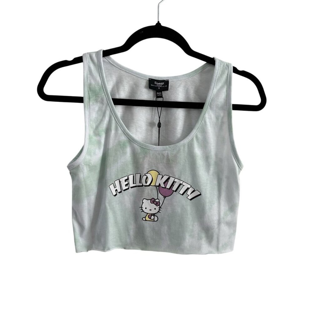 Sanrio Hello Kitty Graphic Women SZ 8 Green Tie Dye Cropped Raw Hem Tank Top NWT